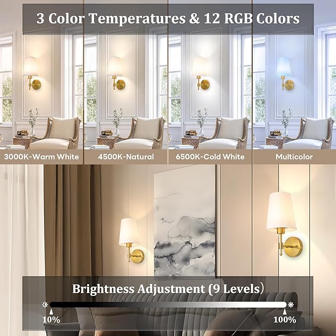 Battery Operated Wall Sconces Set of 2,Rechargeable Wall Lights with 5200mAh Dimmable Bulbs and Remote,Adjustable 15 Colors,Wireless Wall Lamps for Bedroom Living Room - Bloomnest