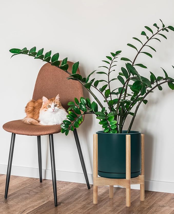D'vine Dev Ceramic Planter with Natural Stand - 10 Inch Modern Round Flower Pot with Wood Planter Holder, Teal, 55-B-K-4 - Bloomnest