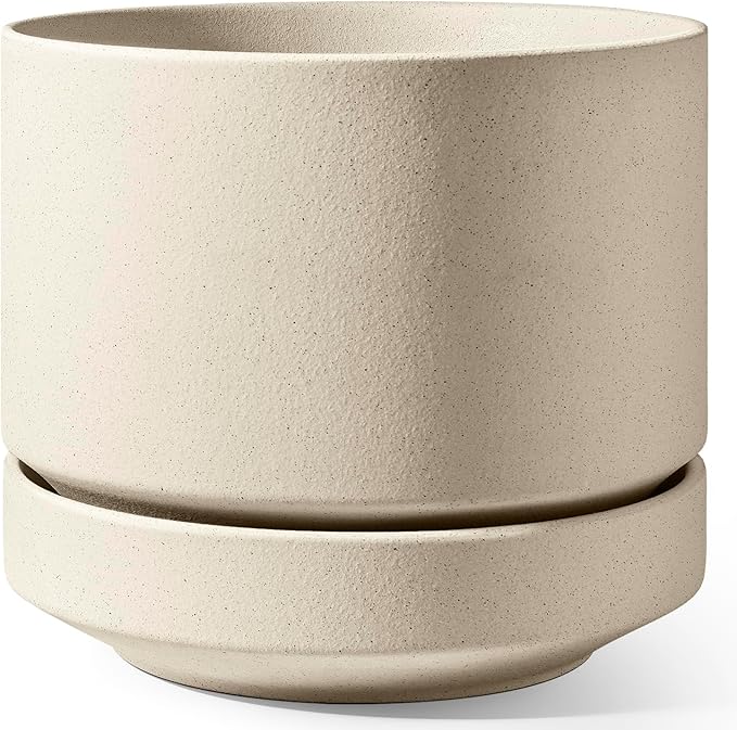 LE TAUCI Large 14 Inch Plant Pot with Saucer | Ceramic Outdoor & Indoor Big Planter Pot | Drainage Hole, Mesh Pad & Plug | Unglazed Porous | Modern Minimalist for Home and Patio – Speckled Oat - Bloomnest