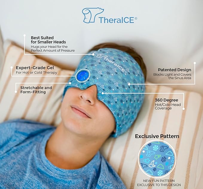TheraICE Migraine Relief Cap Junior, Soothing Headache Boo Boo Ice Pack Mask Products, Cooling Gel Hat JR, Face Cold Compress Head Wrap for Bumps, Bruises and Cooling temperatures - Bloomnest