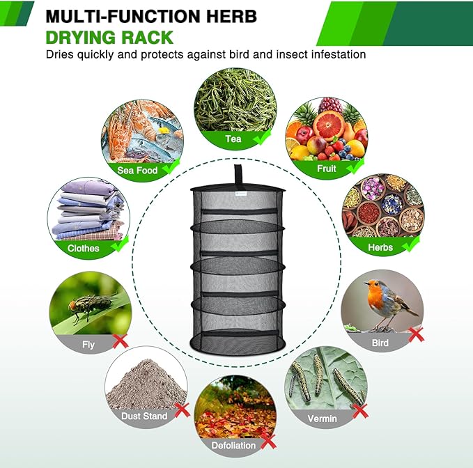 Yesker 4 Layer Herb Drying Rack Hanging Mesh Net Foldable Plant Drying Racks 18" Diameter with Black Zipper & Hook Dryer Hanging Rack for Herbs Seed Bud Fruit Clothes Grow Tent Closets Garden Outdoor - Bloomnest