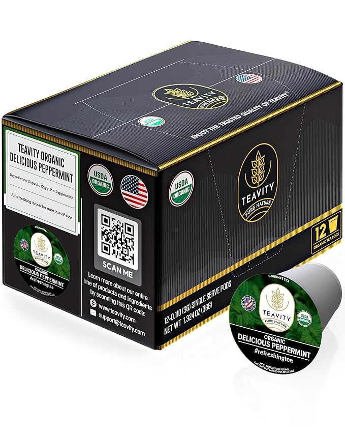 Organic Peppermint Tea Pods for Keurig - Decaf Tea by Teavity (12 Tea Pods) - Bloomnest