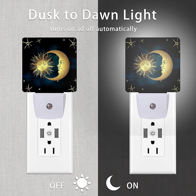 Celestial Moon Golden Sun Night Light,Boho Chic Stars Night Lights Plug into Wall with Dusk to Dawn Light Sensors 0.5W Dim Night-Lights for Bedroom - Bloomnest