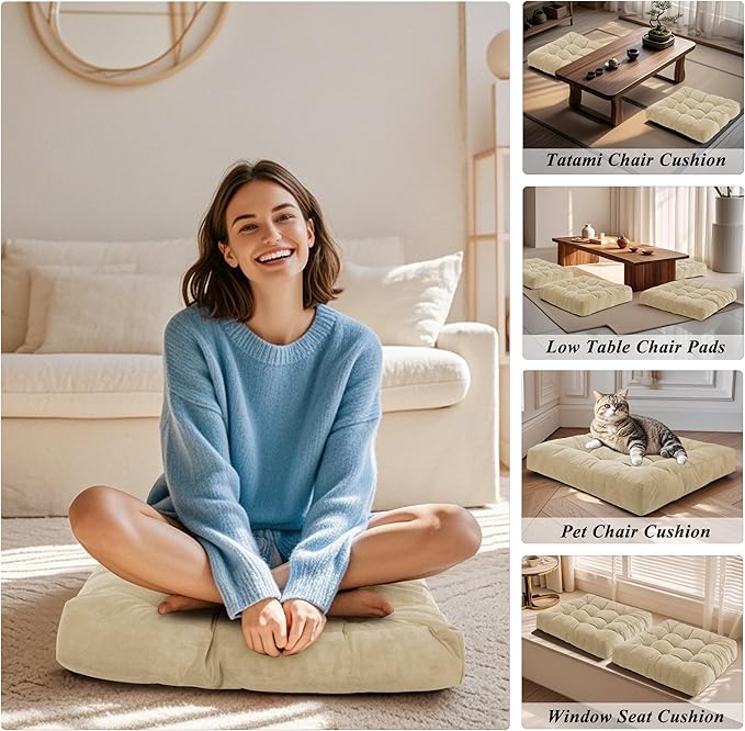 Meditation Floor Pillow 22×22 Inch 1 Pack Large Floor Cushions for Adults Square Tufted Corduroy Floor Pillows for Yoga Living Tatami Room Beige - Bloomnest