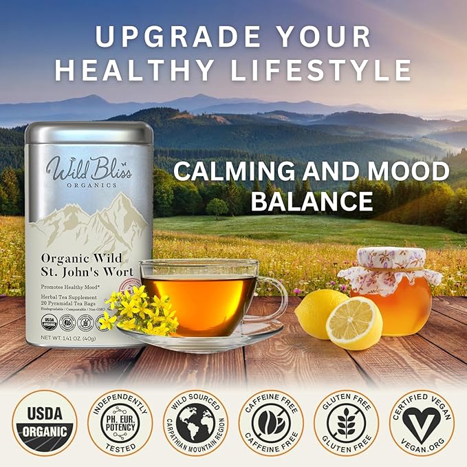 Wild Bliss Organic St Johns Wort Herbal Tea - Caffeine Free Mood Balance Support Tea - Pharmacopoeia Potency - 20 Plant Based Tea Bags - Bloomnest
