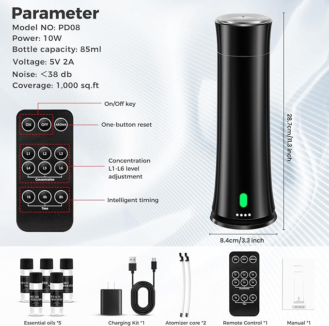 Hotel Scent Diffuser Starter Kit - 1500 Sq Ft Coverage, Hotel Scents Collection, Suitable for Waterless Diffuser Large Room, Contains Five Aromatherapy Essential Oils, Remote Control, Black - Bloomnest
