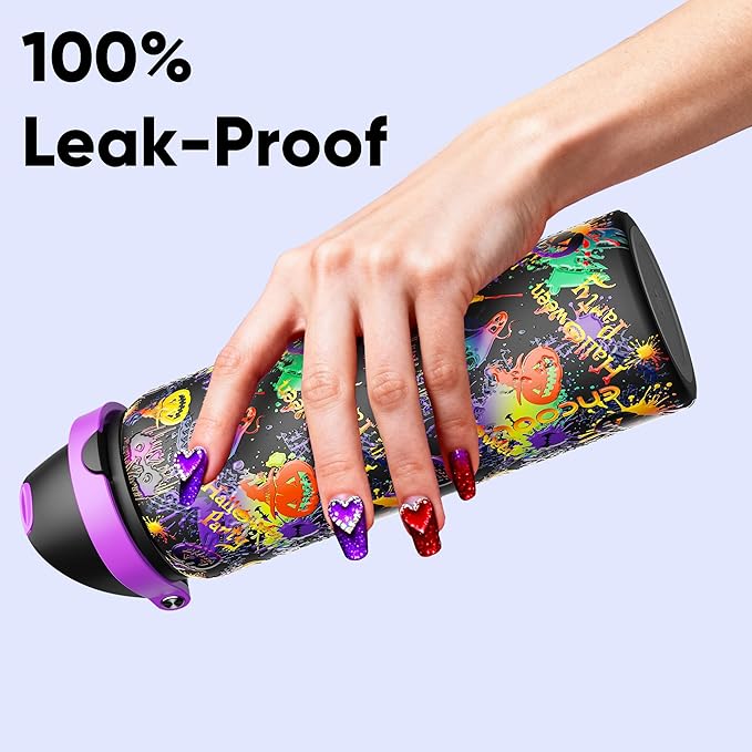 Insulated Water Bottle with Straw - Encool Stainless Steel Water Bottle with Push Button Lid, Leak-Proof & BPA-Free, Keeps Cold for 24 Hours for Sports, Travel, Gym (32 oz, Ghost Party) ENCOOL