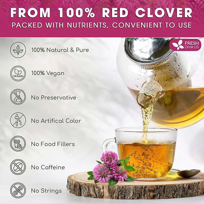 FreshDrinkUS, Premium Red Clover Herbal Tea– 135 Tea Bags – Pure – Naturally Smooth & Mild Flavor – Premium Quality, Eco-Conscious Packaging. Caffeine-Free. Gluten Free. Vegan - Bloomnest