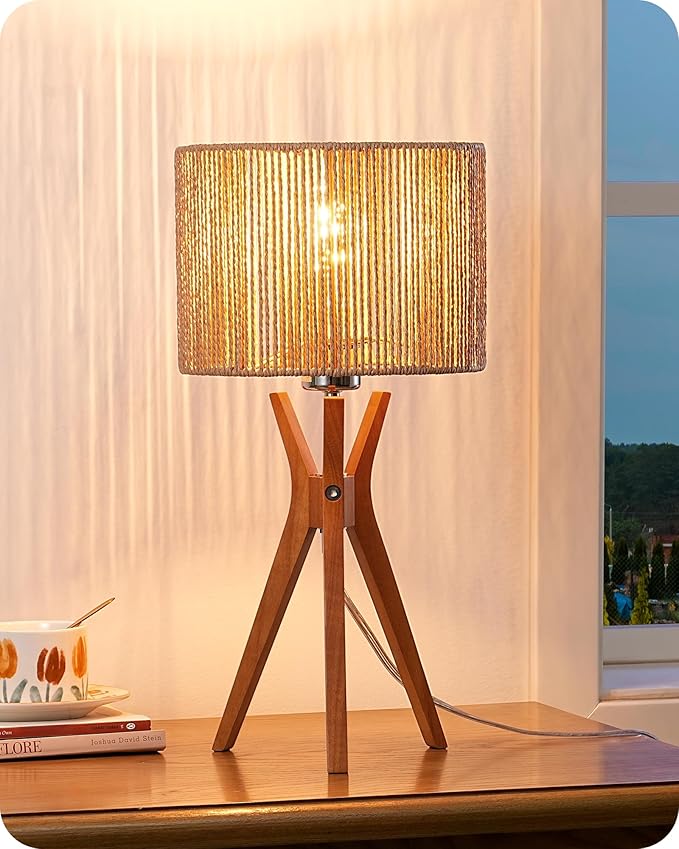 EDISHINE 17.5" Rattan Table Lamp, Wood Bedside Lamp with Handmade Paper Rope Woven Lampshade, Nightstand Lamp for Living Room, Bedroom, E26 Base, ON-Off Switch - Bloomnest