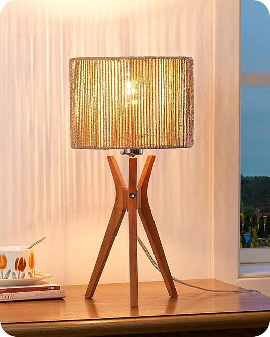 EDISHINE 17.5" Rattan Table Lamp, Wood Bedside Lamp with Handmade Paper Rope Woven Lampshade, Nightstand Lamp for Living Room, Bedroom, E26 Base, ON-Off Switch - Bloomnest