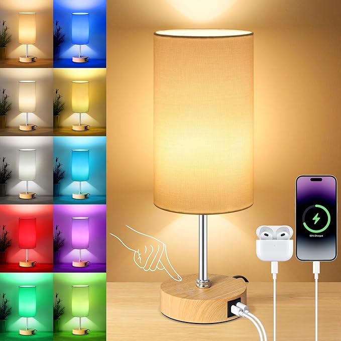 Unicozin Small Table Lamp, 3CCT & 7 RGB Color Changing, Dimmable Nightstand Lamp with Wood Grain Base, Touch Bedsides Lamp for Bedroom, Office, Kids Room, Nursery, Party, White Shade - Bloomnest