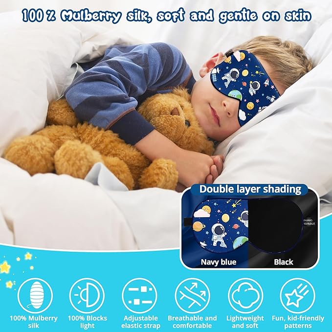 Kids Sleep Mask Eye Cover: 100% Real Natural Pure Silk Eye Mask with Adjustable Strap, Funny Blindfold Kids Eye Mask for Sleeping, Soft & Lightweight Eye Shade for Boys Girls Teens (Space Style) - Bloomnest