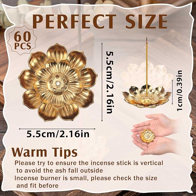 Layhit 60 Pcs Diwali Gifts Bulk Incense Holder 2.16 Inches/5.5 cm Return Gifts for Pooja Navratri Gold Lotus Incense Sticks Holder, Zinc Alloy Stick/Coil/Cone Anti Ash Spilling - Bloomnest