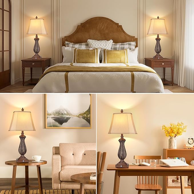 3-Way Dimmable Table Lamps for Bedrooms Set of 2, 30" H Touch Lamps for Living Room with USB & Type-C Ports, Brown Mermaid Bedside Lamp for Nightstand, Resin Farmhouse Rustic Lamp with 2 Bulb - Bloomnest