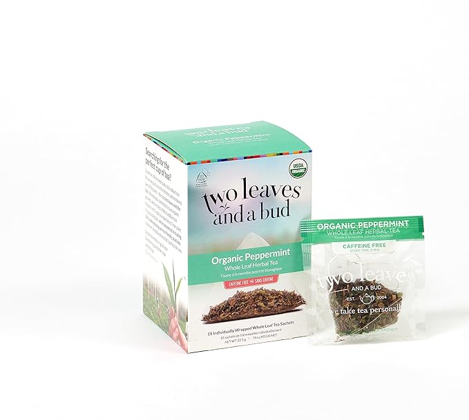 Two Leaves and a Bud Organic Peppermint Tea Bags, Naturally Caffeine Free, Herbal Whole Leaf Peppermint Tea in Compostable Sachets, 15 Count (Pack of 1) - Bloomnest