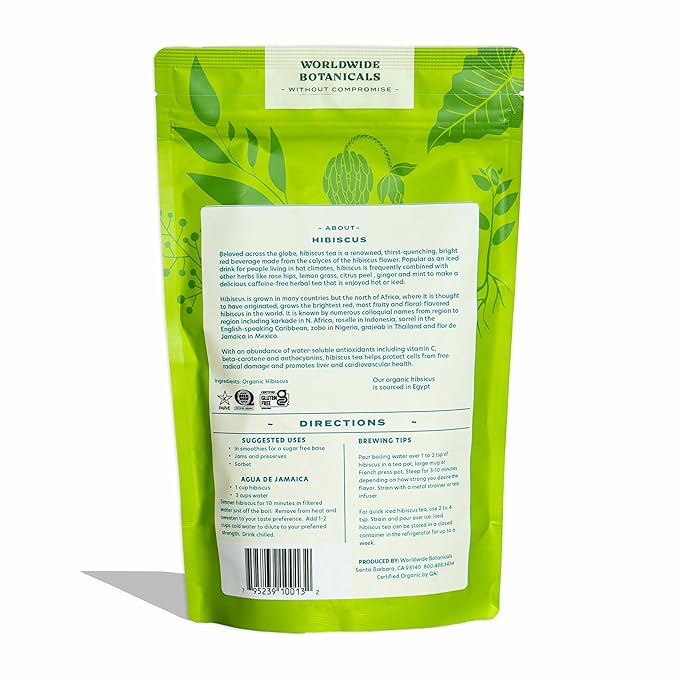Worldwide Botanicals Organic Hibiscus Tea – 8 oz, Loose Leaf, Cut and Sifted – 100% Egyptian Hibiscus sabdariffa AKA Karkade, Roselle, Sorrel, Zobo, Flor de Jamaica - Bloomnest