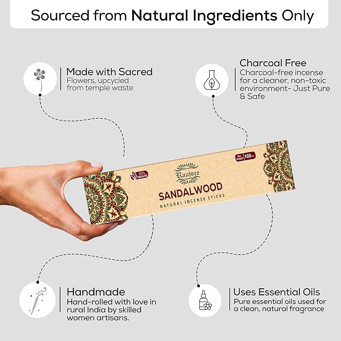Raajsee Sandalwood Incense Sticks (180 gm), 100% Pure Organic Natural Hand Rolled Free from Chemicals - Sandalwood Incense Perfect for Aromatherapy, Cleansing, Meditation, and Church (Pack of 12) - Bloomnest