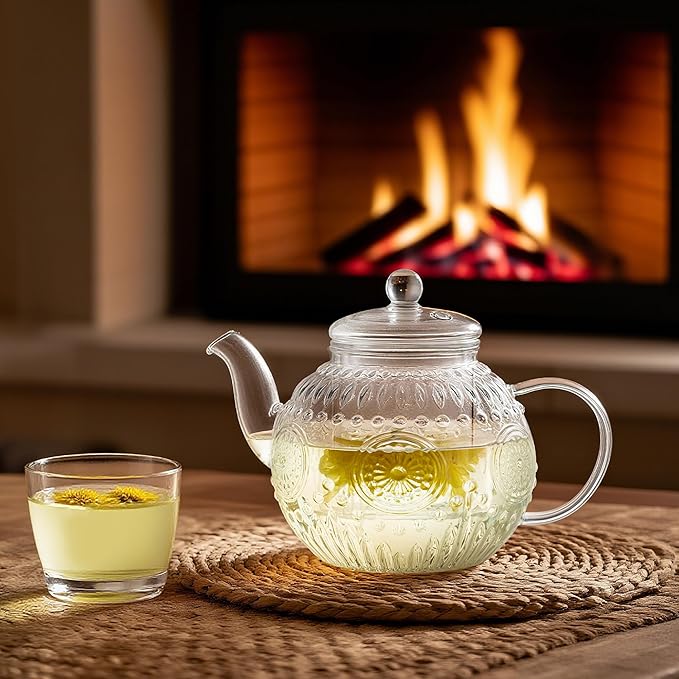 Bandesun Vintage Glass Teapot, Tea Kettle with Removable Infuser 32OZ/1000ml, Borosilicate Glass Pot -Stovetop Safe, Blooming & Loose Leaf Tea Maker Set - Bloomnest