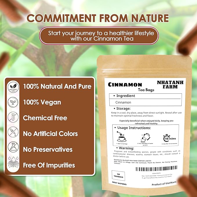 NHAT ANH FARM - Premium Cinnamon Tea Bags, 40 Teabags, 2g/bag, 100% Natural, Hand-Selected Cinnamon Tea Bags, No Additives, Sugar-Free,Caffeine-Free. Good For Your Health. - Bloomnest