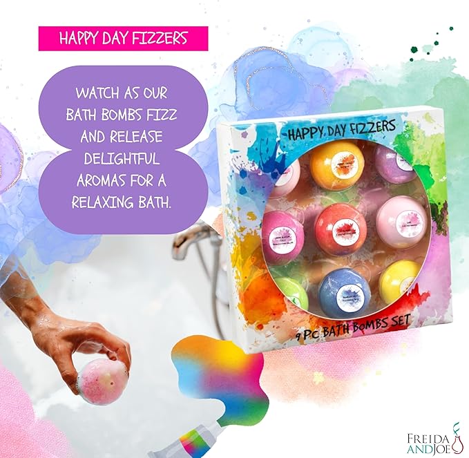 Happy Day Fizzers Aromatherapy 9 Pcs Large Bath Bomb Gift Set for Women – Relaxing Aromatherapy Home Spa Birthday Christmas Gifts for Mom (Happy Day Fizzer 2.0) - Bloomnest