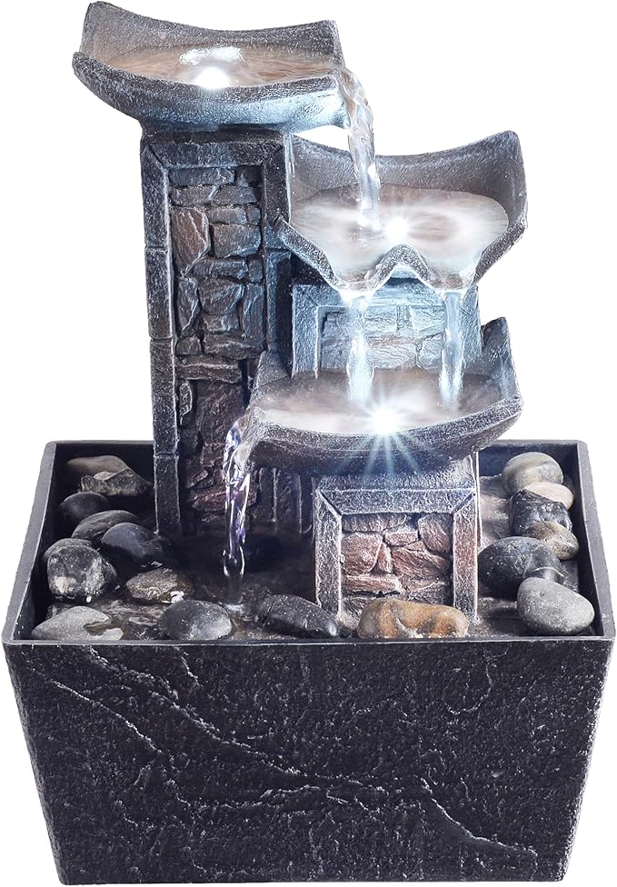 Tabletop Fountain Indoor Waterfall – 3-Tier Black Zen Decor with Pebble Base, White LED Light, Water Pump & On/Off Switch – Desktop Feng Shui Relaxation Gift for Home or Office (21110B) - Bloomnest
