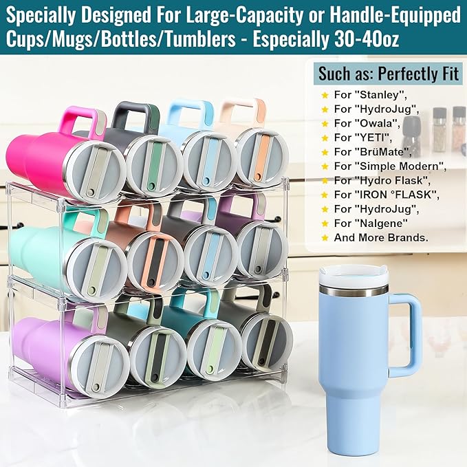Design for Stanley 40 OZ & Large Bottles & Tumblers with Handle - Acrylic Water Bottle Organizer - Stackable Clear Wine Rack Cup Holder for Home Kitchen Pantry Shelf Countertop Cabinet, 3 Tier Hold 12 MakeLifeBetterEasier