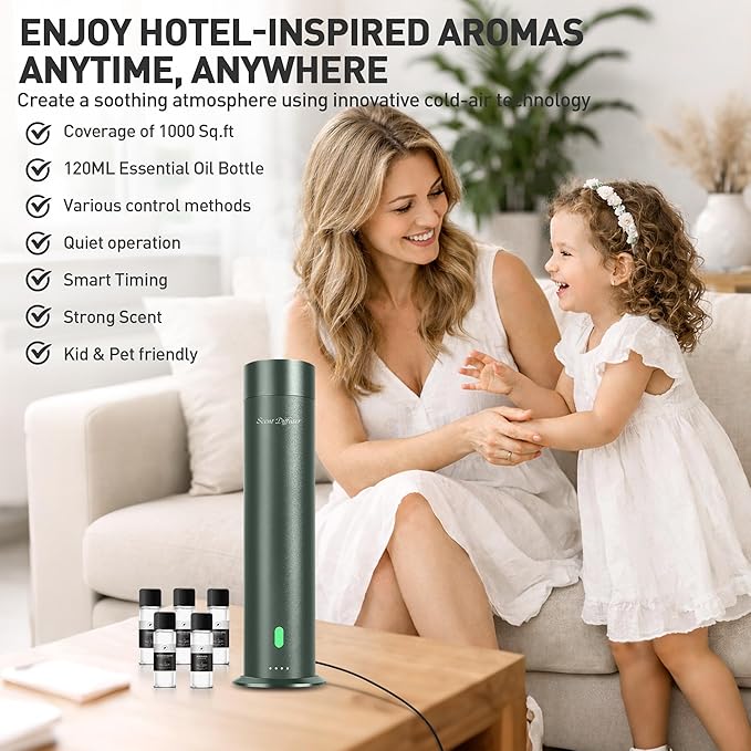 Waterless Scent Diffuser Starter Kit - 1000 Sq Ft Coverage, Hotel Scent Diffuser, Essential Oil Diffuser Large Room, Included 5 Scent Oils, Remote Control, SandGreen - Bloomnest