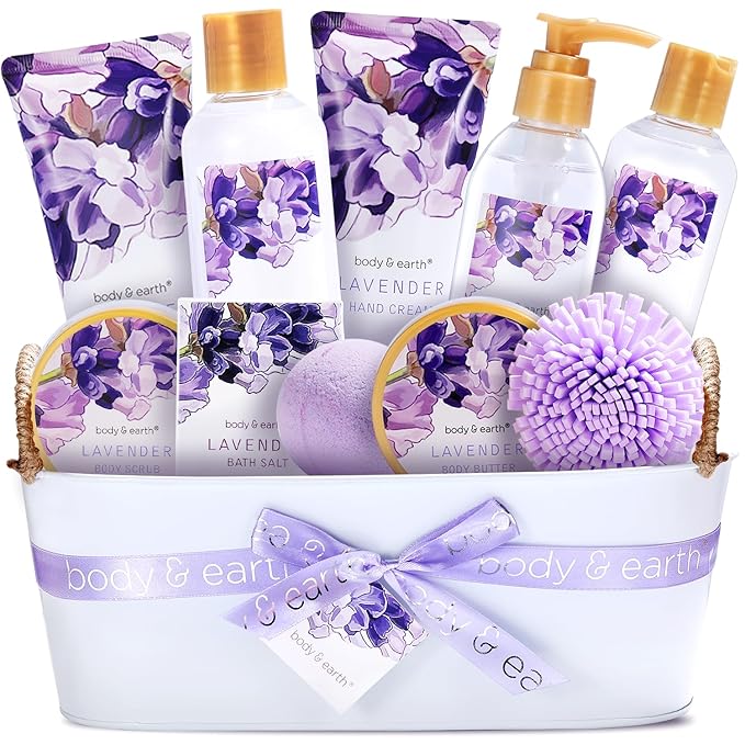 BODY & EARTH 11 Pcs Lavend Scent Spa Gift Baskets Luxurious Gifts for Women Gift for Her Valentines Day Gifts for Women Bath and Body Gift Sets Presents for Her
