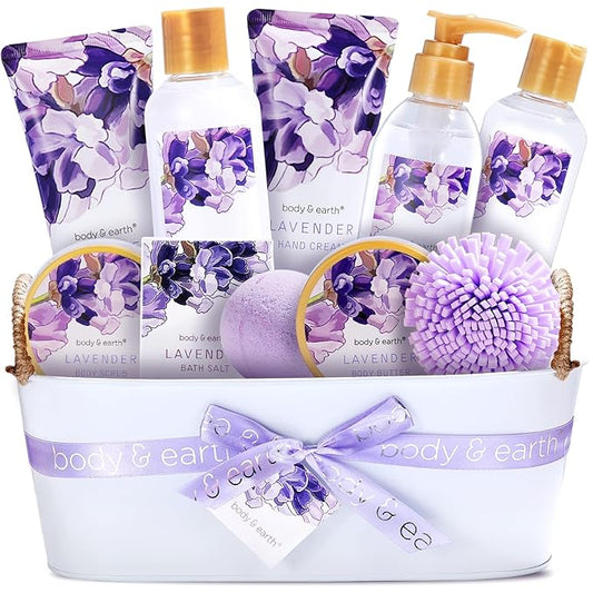 BODY & EARTH 11 Pcs Lavend Scent Spa Gift Baskets Luxurious Gifts for Women Gift for Her Valentines Day Gifts for Women Bath and Body Gift Sets Presents for Her