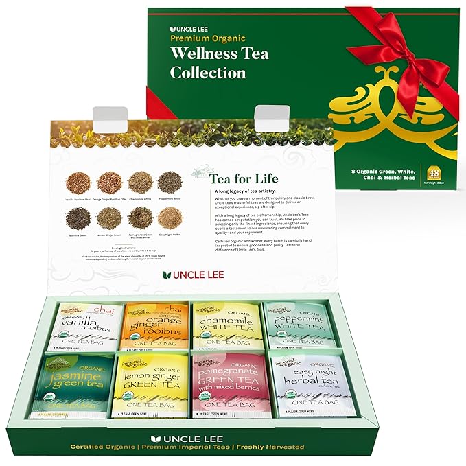 Uncle Lee’s Organic Tea Variety Gift Set – Wellness Collection with 8 Teas (6 Bags Each) in a Premium Gift Box, 3.3 Oz - Bloomnest