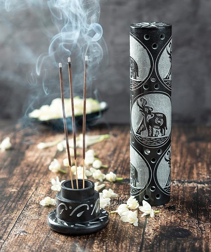 Crocon Handmade Black Marble Incense Stick Tower Burner Round Shape Jali Design Incense Tower Burner | Tea Light Candle Holder | Living Room Decor Home Fragrance Decorative Gift Size 3X3X10 Inch - Bloomnest