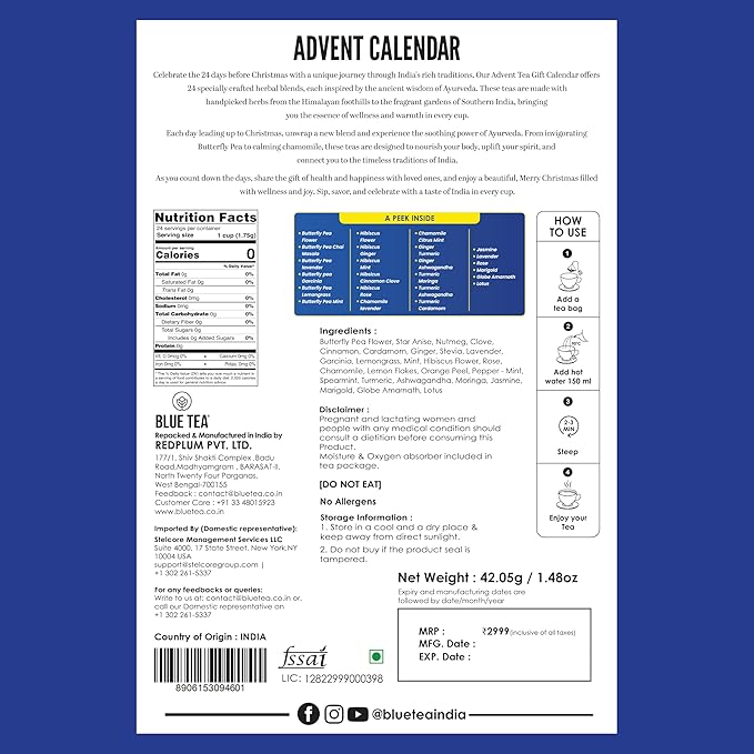 BLUE TEA - Advent Calendar 2025 (Blue) - 24 Tea Bags - Plant Based - 24 Unique Tea | Limited Edition | Sampler & Variety Pack | Caffeine Free - Herbal Tea - Christmas Holiday Unique Advent Calendar Tea Gift Set | Gift Idea for Men and Women - Bloomnest