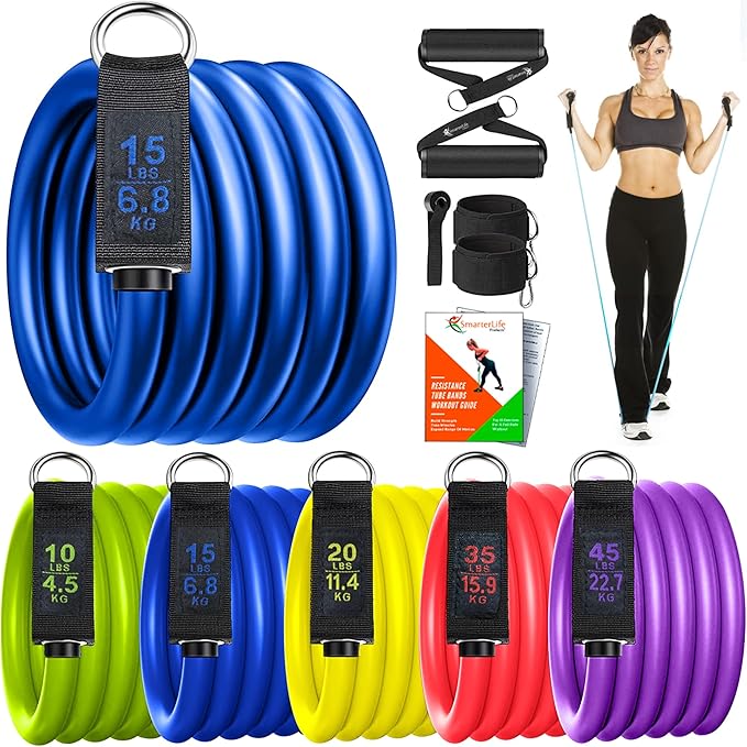 SmarterLife Resistance Bands with Handles, Physical Therapy Strap, Exercise Band to Tone Arms, Legs, Chest, Booty - 5 Exercise Bands with Handles, Ankle Straps, No-Slip Door Anchor, Storage Bag - Bloomnest