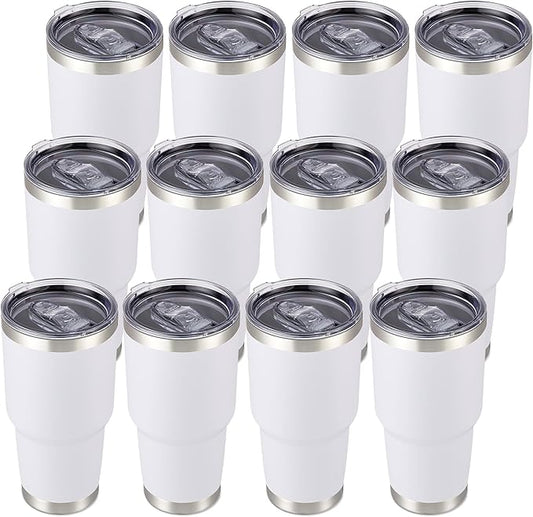 30 oz Tumbler with Lid Stainless Steel Tumblers Bulk Vacuum Insulated Cup Reusable Powder Coated Travel Mug Double Wall Leak Proof Cups Keep Cold Drinks for 12 Hours White, Set of 12