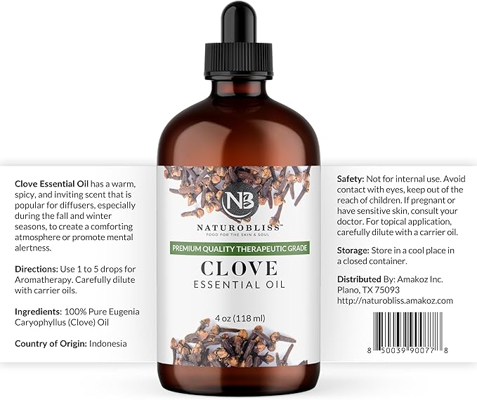 NaturoBliss Clove Essential Oil 4 oz – 100% Pure Clove Bud Oil for Aromatherapy, Diffuser & Humidifier Use, Warm Spicy Scent for Home Fragrance, Large Amber Glass Bottle