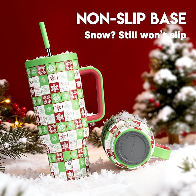 Meoky 40 oz Christmas Tumbler with Handle and Straw, Xmas Tumbler with Lid and Straw, Insulated Stainless Steel Travel Mug, Christmas Gifts for Women Men Adults (Holly Check) - Bloomnest