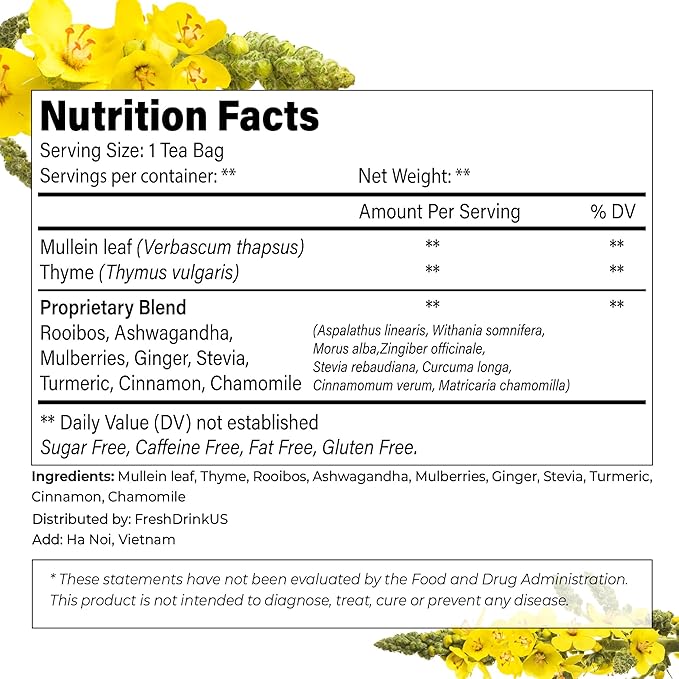 FreshDrinkUS, StrongerLungs 75 Tea Bags - Mullein Leaf, Ginseng, Elderberry, Ginger & Thyme - Supports Lung Cleanse, Congestion Relief & Mucus Detox - Caffeine-Free & All-Natural - Bloomnest