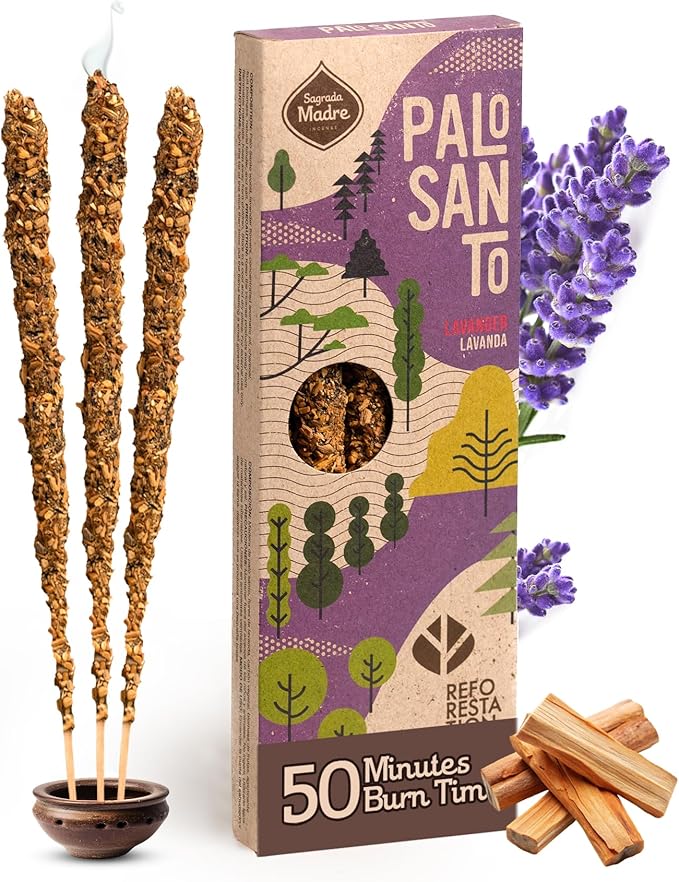 Sagrada Madre 4pcs Wildly Harvested Palo Santo Incense Sticks (Lavender), 6.7” Long - Non-Toxic, Aromatic Incense Sticks (50 min Approx. Burning Time) to Heal & Calm Your Body and Environment SagradaMadre