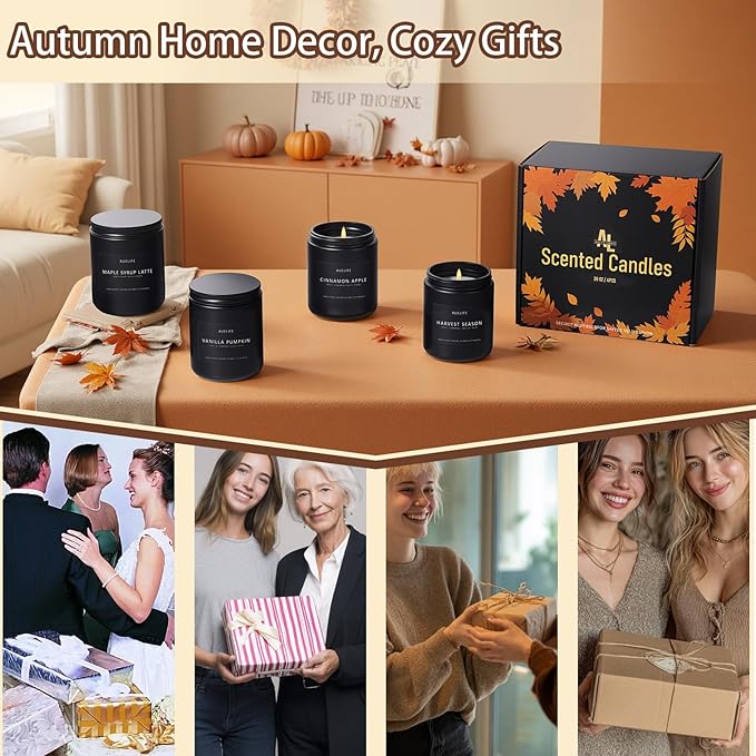 Fall Candles, 4 Pack Soy Candles Set - Autumn Scents of Vanilla Pumpkin, Cinnamon Apple, Harvest Season, Maple Syrup Latte, Aromatherapy Fall Gifts for Men & Women, Thanksgiving Home Decor - Bloomnest
