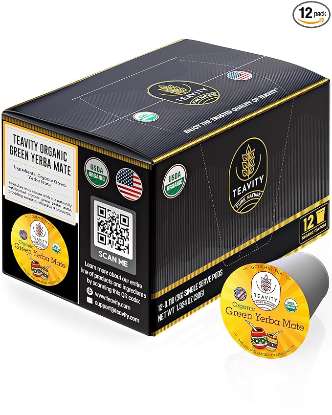 Organic Yerba Mate Tea Pods for Keurig - Green, Unsmoked Yerba Mate by Teavity (12 Tea Pods) - Bloomnest