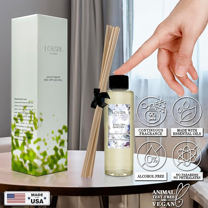 LOVSPA English Garden Diffuser Oil - Luxury Essential Oils for Diffuser Refill & Air Freshener Room Spray - Long-Lasting & Natural Home Fragrance, Scented Oil for Diffusers, USA Made, 4oz - Bloomnest