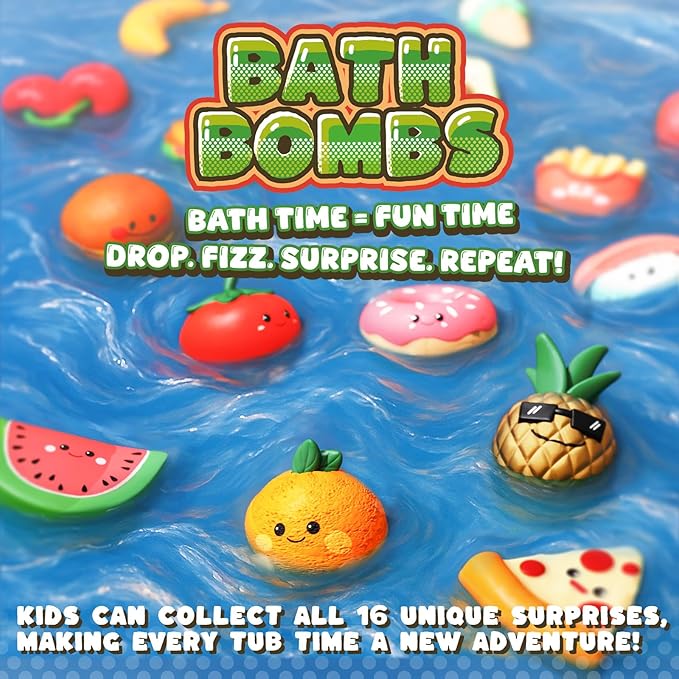 Kids Bath Bombs with Food Toys Inside, 16 Pack Colorful Surprise Bath Fizzies Set, Organic Fizzy Bubble Bath Bombs for Girls & Boys, Ages 3+ - Bloomnest