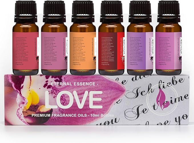 Eternal Essence Oils Love Set of 6 Premium Fragrance Oils - Rose, PS I Love You, Amber Romance, Secret Crush, Forever Yours and Sugar Kiss - for Diffusers, Candle & Soap Making, & Aromatherapy - 10ML - Bloomnest