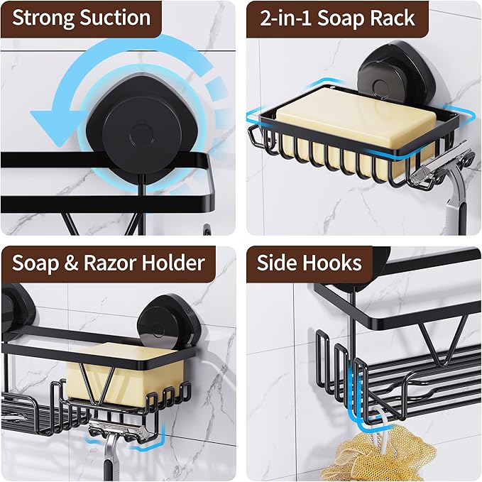 KEGII Shower Caddy Suction Cup, 3 Pack Removable Shower Shelves with Hooks & Soap Holder, No Drilling Bathroom Organizer, Waterproof Suction Storage for Inside Shower, Black - Bloomnest