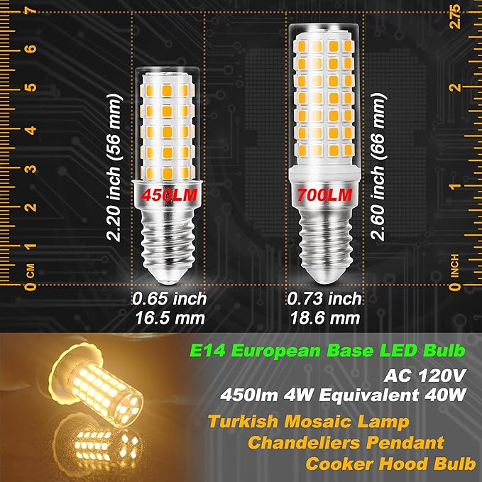 E14 LED Bulb AC100V-265V Warm White 2700K 450lm 4W Equivalent 40W T6 C7 E14 European Base LED Bulb Replace Turkish Mosaic Lamp Chandeliers Pendant Ceiling Fan Bulb Cooker Hood Bulb,Non-Dimmable,3 Pack - Bloomnest