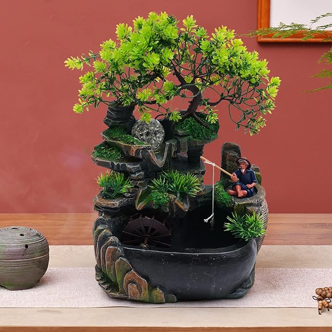 Rockery Tabletop Fountain Water Fountain Rockery Crafts Desktop Simulation Resin Rockery Bonsai with LED Automatic Pump for Office, Home, Bedroom Desk Decoration Gifts (A 7.9x5.9x11.8in) - Bloomnest