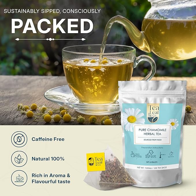 Tealeaf & Co. Pure Chamomile Herbal Tea - Organic Chamomile Tea Bags Blended with Fresh Herbs - Contains Low Caffeine - Gluten Free - 100 Teabags (7.055oz/200gm) - Bloomnest