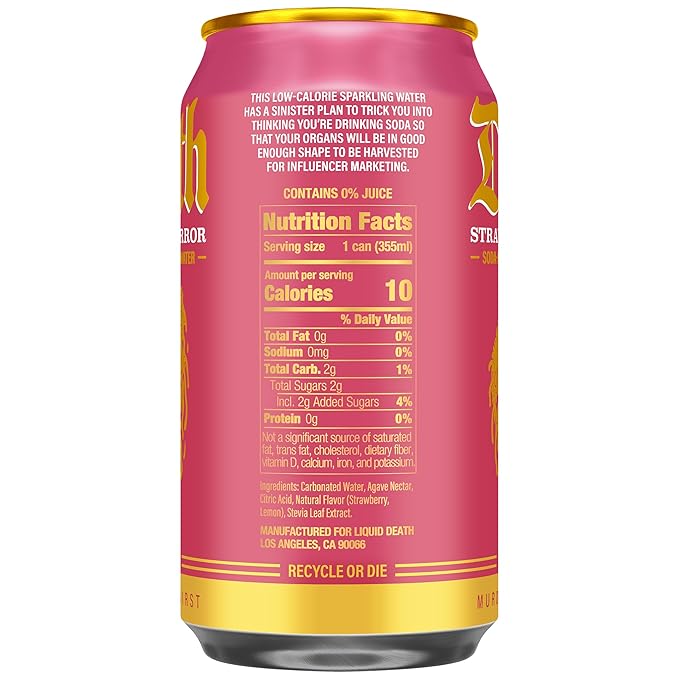 Liquid Death Soda-Flavored Sparkling Water - Strawberry Terror, Less Sugar*, Huge Flavor, No Caffeine, No Artificial Sweeteners, 12 Fl Oz (Pack of 12) - Bloomnest