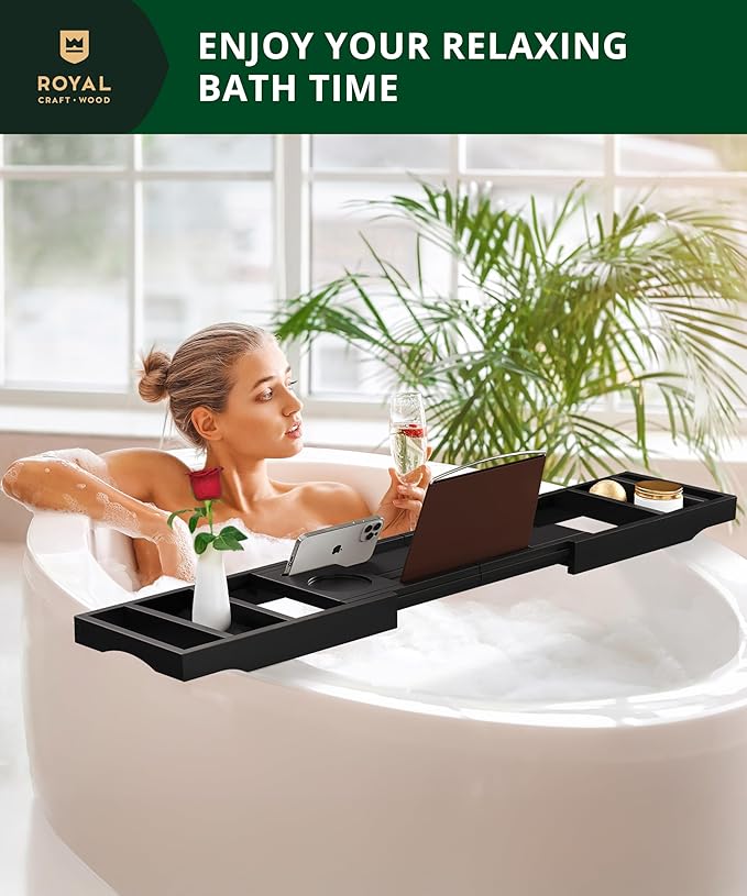 ROYAL CRAFT WOOD Premium Foldable Bathtub Tray - Wood Bath Tray for Tub, Bamboo Shelf, Expandable Bath Table Trays, Bathtub & Bathroom Accessories for New Home & Mothers Day & Birthday Gifts for Mom - Bloomnest