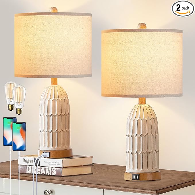 Boho Table Lamps Set of 2, Farmhouse 3-Way Dimmable Touch Nightstand Lamp with 2 USB Charging Ports, White Vintage Bedside Lamp for Bedroom Living Room End Table (Bulbs Included) - Bloomnest